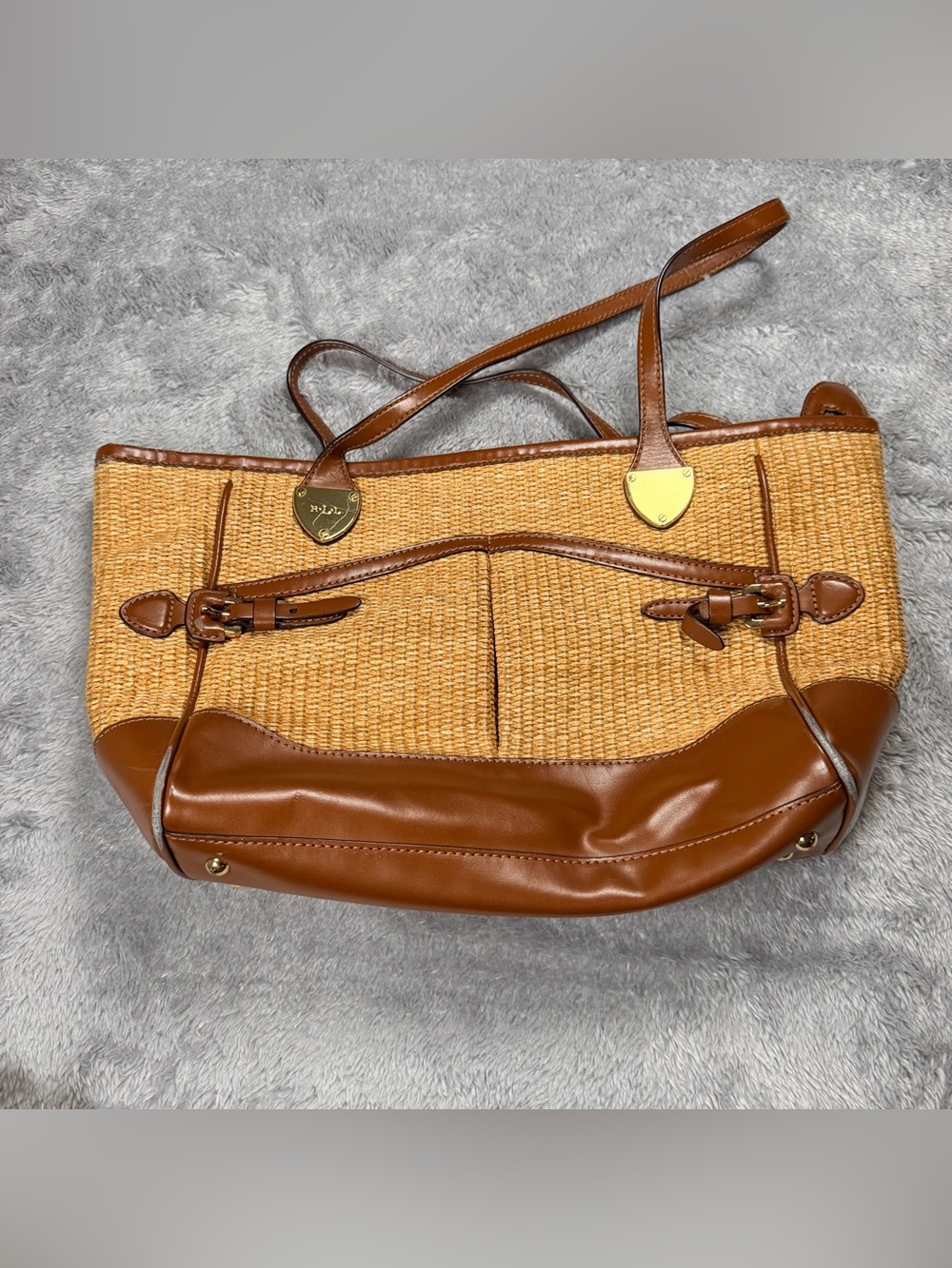 Lauren Ralph Lauren Straw Tote with Brown Leather Trim - Picture 3 of 11